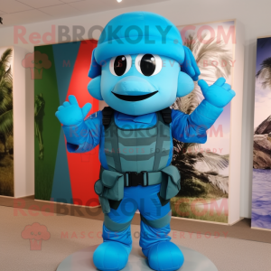 Cyan Air Force Soldier mascot costume character dressed with a Rash Guard and Bow ties