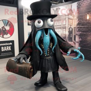 Black Kraken mascot costume character dressed with a Blazer and Messenger bags