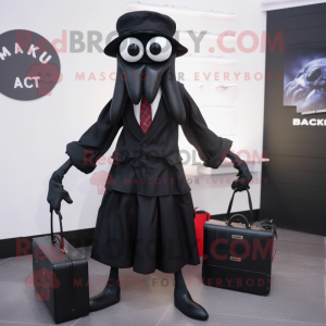 Black Kraken mascot costume character dressed with a Blazer and Messenger bags