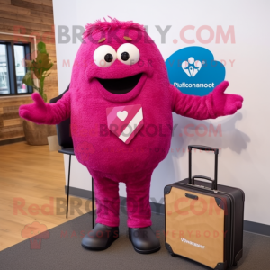 Magenta Raspberry mascot costume character dressed with a V-Neck Tee and Briefcases