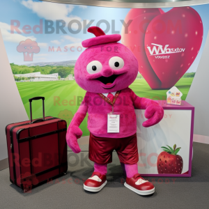 Magenta Raspberry mascot costume character dressed with a V-Neck Tee and Briefcases