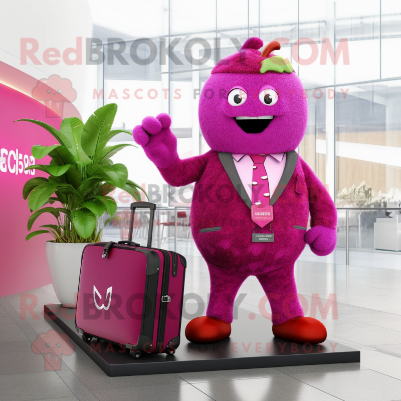 Magenta Raspberry mascot costume character dressed with a V-Neck Tee and Briefcases