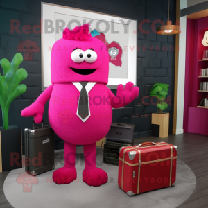 Magenta Raspberry mascot costume character dressed with a V-Neck Tee and Briefcases