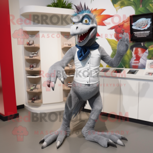 Silver Utahraptor mascot costume character dressed with a Bermuda Shorts and Wallets