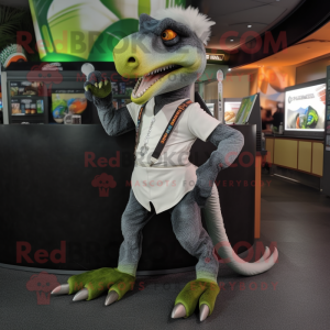 Silver Utahraptor mascot costume character dressed with a Bermuda Shorts and Wallets