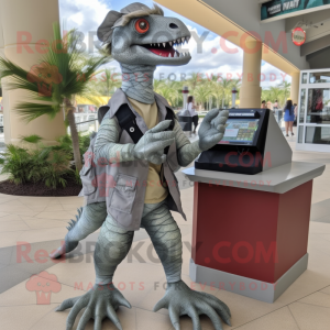 Silver Utahraptor mascot costume character dressed with a Bermuda Shorts and Wallets