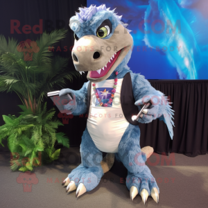 Silver Utahraptor mascot costume character dressed with a Bermuda Shorts and Wallets