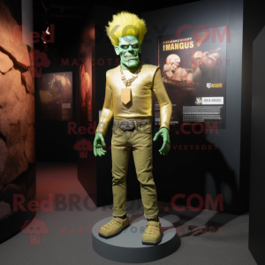 Gold Frankenstein'S Monster mascot costume character dressed with a Skinny Jeans and Brooches