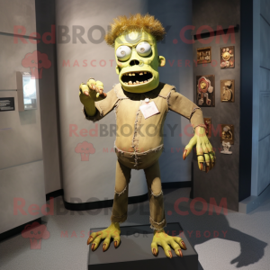 Gold Frankenstein'S Monster mascot costume character dressed with a Skinny Jeans and Brooches