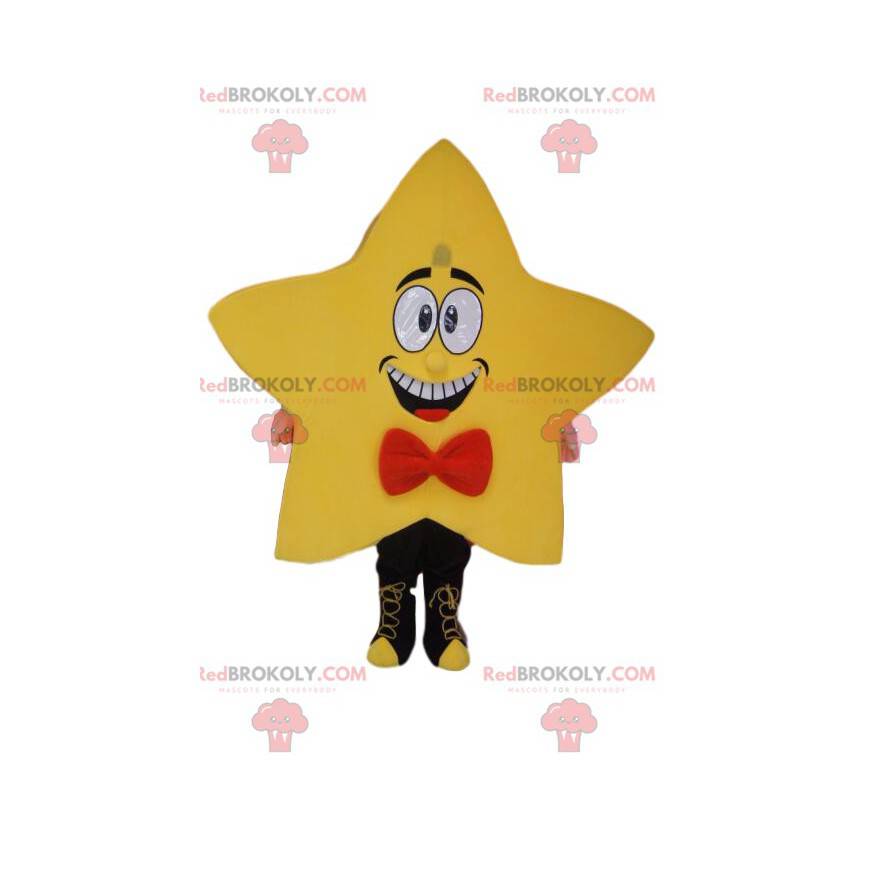 Mascota estrella amarilla con una mariposa roja neud -