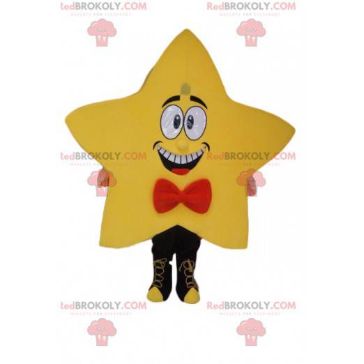 Mascotte d'étoile jaune avec un neud papillon rouge -