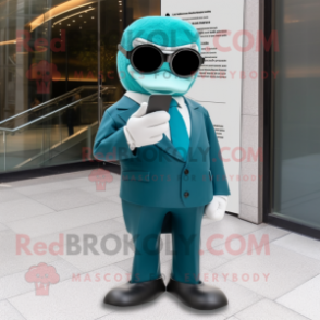 Teal Attorney mascot costume character dressed with a Jacket and Sunglasses