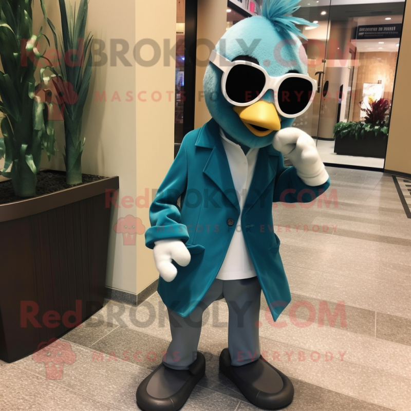 Teal Attorney mascot costume character dressed with a Jacket and Sunglasses