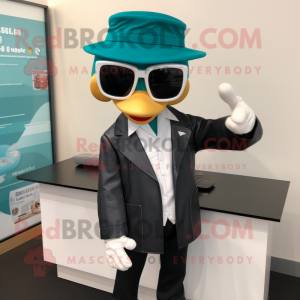 Teal Attorney mascot costume character dressed with a Jacket and Sunglasses