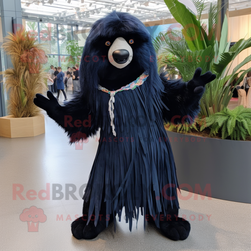 Navy Sloth Bear mascot costume character dressed with a Wrap Dress and Hairpins Navy Sloth Bear mascot costume character dressed with a Wrap Dress and Hairpins