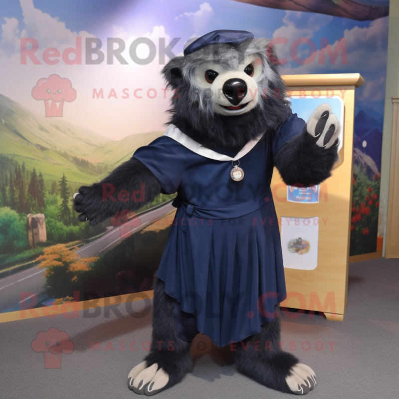 Navy Sloth Bear mascot costume character dressed with a Wrap Dress and Hairpins Navy Sloth Bear mascot costume character dressed with a Wrap Dress and Hairpins