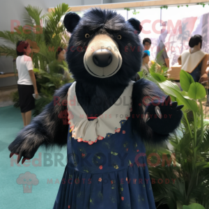 Navy Sloth Bear mascot costume character dressed with a Wrap Dress and Hairpins