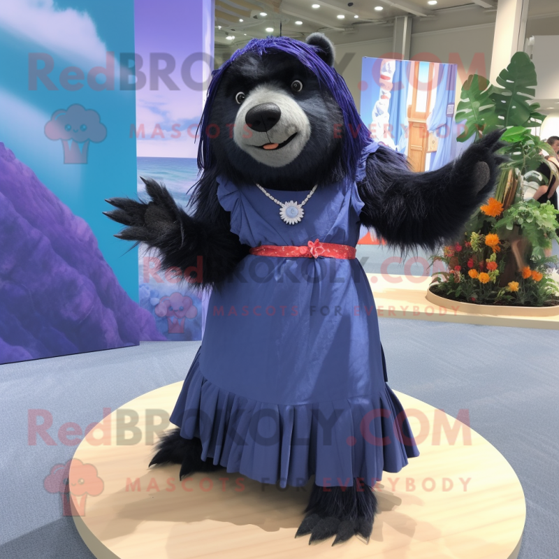 Navy Sloth Bear mascot costume character dressed with a Wrap Dress and Hairpins