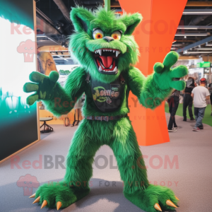 Green Werewolf mascot costume character dressed with a Skinny Jeans and Suspenders