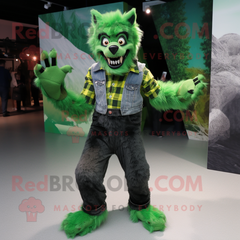 Green Werewolf mascot costume character dressed with a Skinny Jeans and Suspenders Green Werewolf mascot costume character dressed with a Skinny Jeans and Suspenders