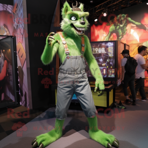 Green Werewolf mascot costume character dressed with a Skinny Jeans and Suspenders