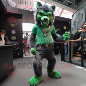 Green Werewolf mascot costume character dressed with a Skinny Jeans and Suspenders