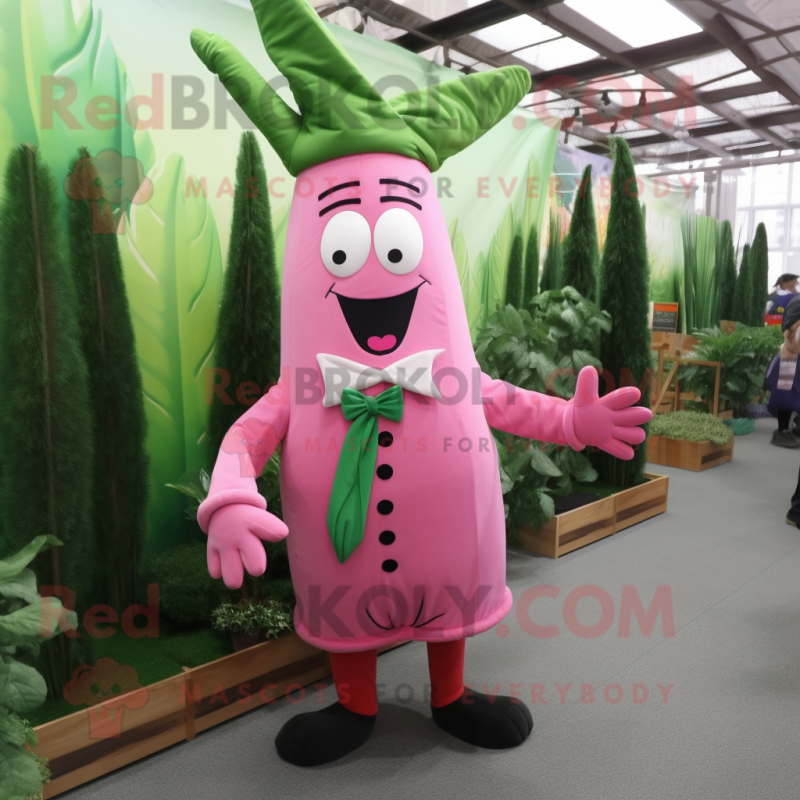 Pink Asparagus mascot costume character dressed with a Coat and Bow ties