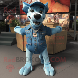 Turquoise Dog mascot costume character dressed with a Denim Shirt and Bracelets