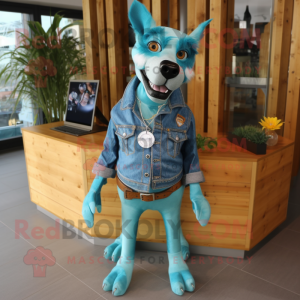 Turquoise Dog mascot costume character dressed with a Denim Shirt and Bracelets