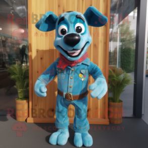 Turquoise Dog mascot costume character dressed with a Denim Shirt and Bracelets