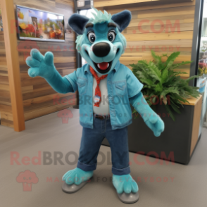 Turquoise Dog mascot costume character dressed with a Denim Shirt and Bracelets