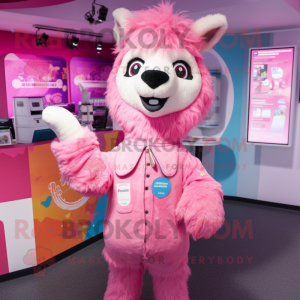 Pink Llama mascot costume character dressed with a Playsuit and Keychains