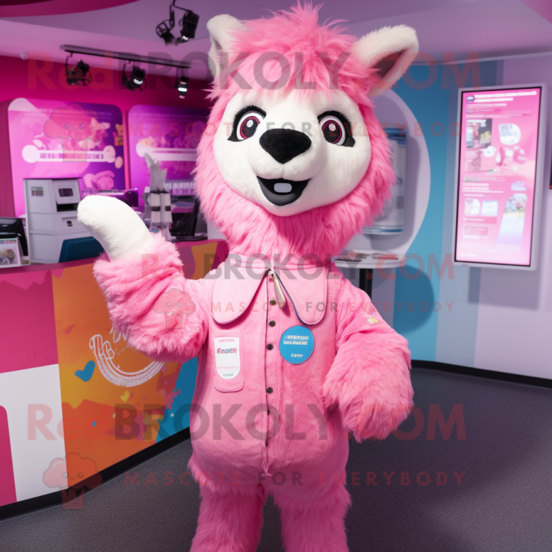 Pink Llama mascot costume character dressed with a Playsuit and Keychains Pink Llama mascot costume character dressed with a Playsuit and Keychains