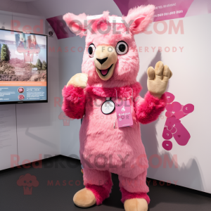 Pink Llama mascot costume character dressed with a Playsuit and Keychains