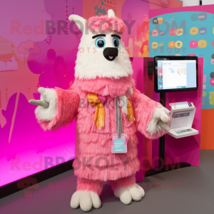 Pink Llama mascot costume character dressed with a Playsuit and Keychains