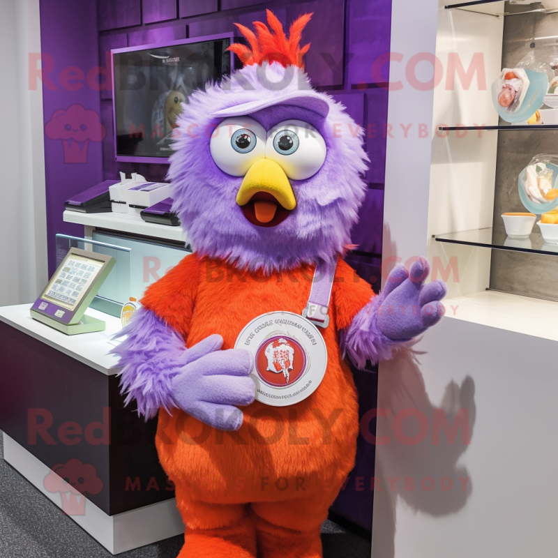 Lavender Chicken Parmesan mascot costume character dressed with a T-Shirt and Bracelet watches Lavender Chicken Parmesan mascot costume character dressed with a T-Shirt and Bracelet watches