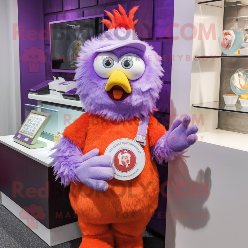 Lavender Chicken Parmesan mascot costume character dressed with a T-Shirt and Bracelet watches