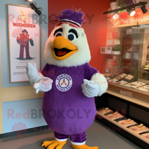 Lavender Chicken Parmesan mascot costume character dressed with a T-Shirt and Bracelet watches