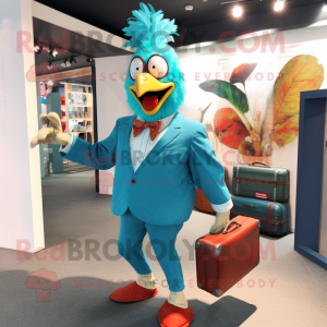 Turquoise Roosters mascot costume character dressed with a Suit Pants and Briefcases