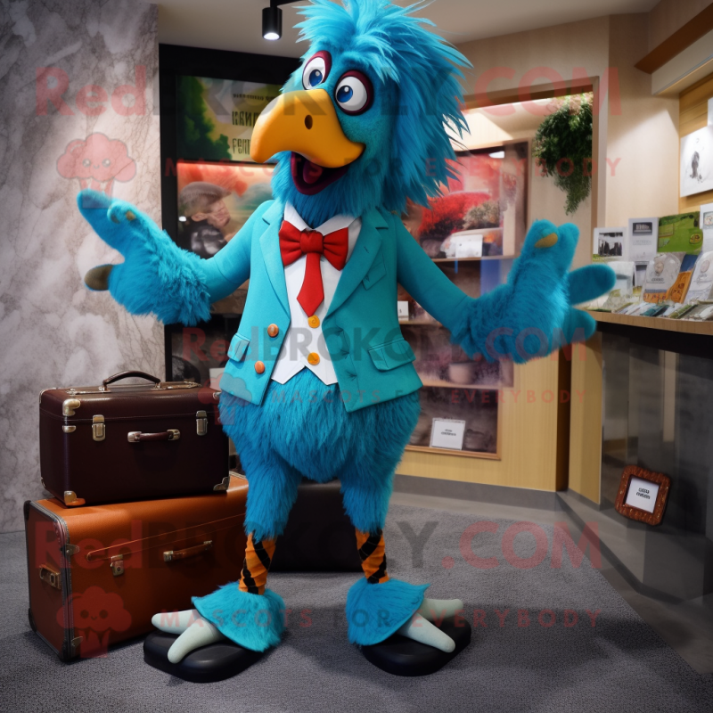 Turquoise Roosters mascot costume character dressed with a Suit Pants and Briefcases