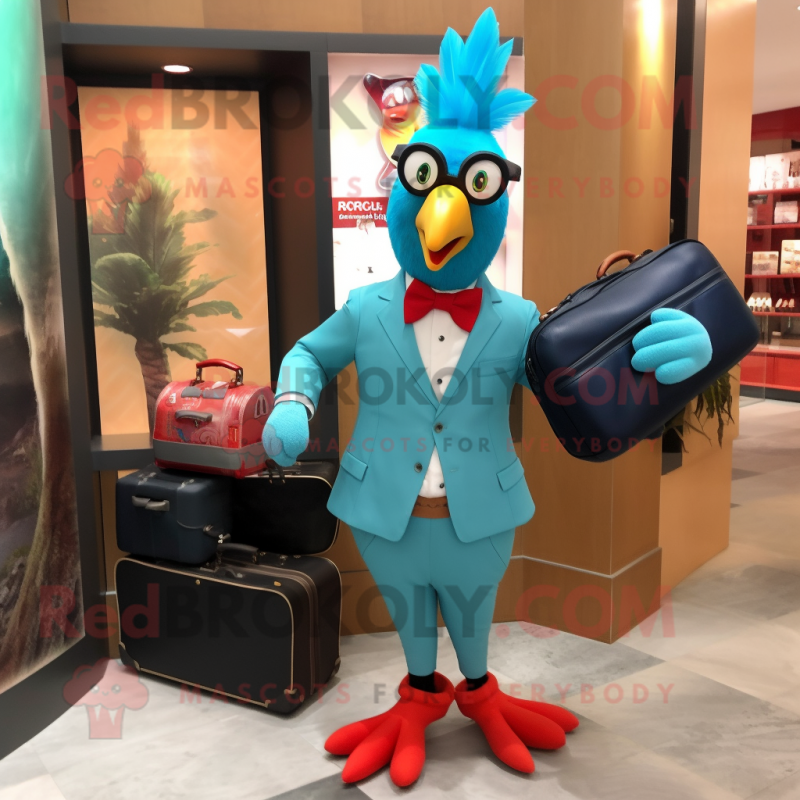 Turquoise Roosters mascot costume character dressed with a Suit Pants and Briefcases Turquoise Roosters mascot costume character dressed with a Suit Pants and Briefcases