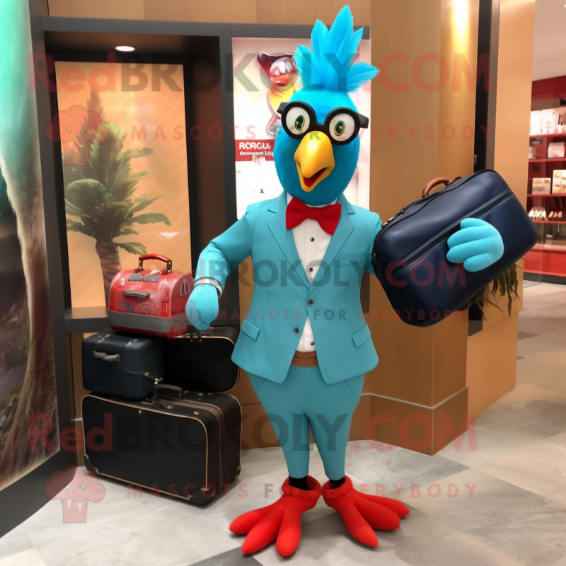 Turquoise Roosters mascot costume character dressed with a Suit Pants and Briefcases