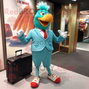 Turquoise Roosters mascot costume character dressed with a Suit Pants and Briefcases