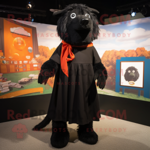 Black Shepard'S Pie mascot costume character dressed with a Romper and Shawl pins