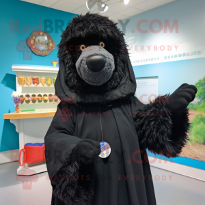 Black Shepard'S Pie mascot costume character dressed with a Romper and Shawl pins