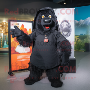 Black Shepard'S Pie mascot costume character dressed with a Romper and Shawl pins