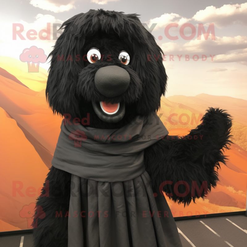 Black Shepard'S Pie mascot costume character dressed with a Romper and Shawl pins