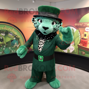 Green Jaguar mascot costume character dressed with a Circle Skirt and Hat pins