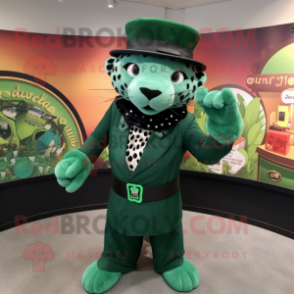 Green Jaguar mascot costume character dressed with a Circle Skirt and Hat pins