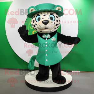 Green Jaguar mascot costume character dressed with a Circle Skirt and Hat pins
